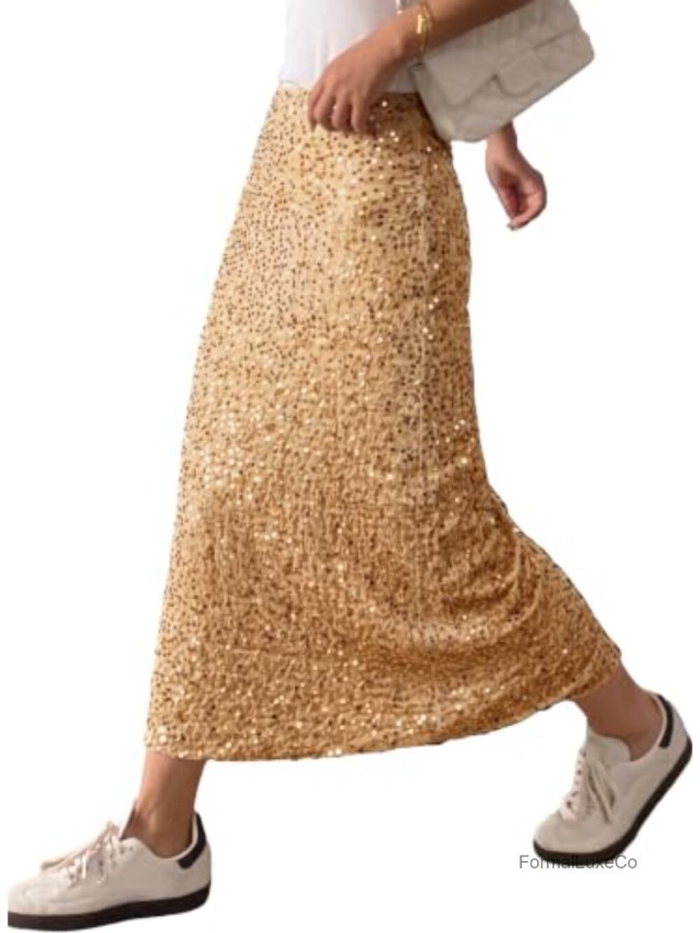 Sequin Maxi Skirt Elastic Waist A-Line Back Slit
